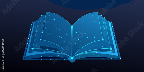 An open book with glowing lines and dots against a dark backdrop