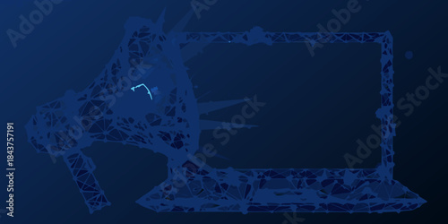 Abstract blue outline of a dinosaur skeleton with a rectangular frame