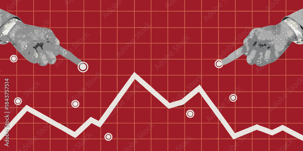 Foto Hands pointing at a fluctuating graph on a red grid background