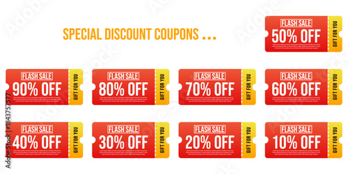 Special discount coupons and sale vouchers collection. Flash sale percentage off gift for you template set. Retail promotion and marketing element pack.