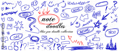 Blue pen doodle note elements and arrows collection. Hand drawn speech bubbles, stars, hearts, and arrows set. Sketchy reminder marks and frames pack.