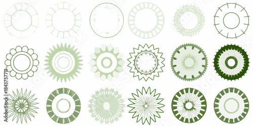 Collection of decorative green circular patterns and floral gear designs