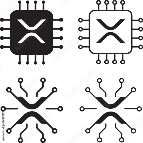 Isolated Quantum Ripple Icon Set, Quantum Ripple Circuit System Style Icon, Quantum Ripple Digital Circuit Symbol Icon, Black Circuit Style Abstract Tech Icon, Minimal Circuit Paths Vector