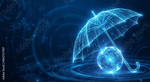 Digital umbrella protecting a glowing circuit board globe against dark background symbolizing cyber security law
