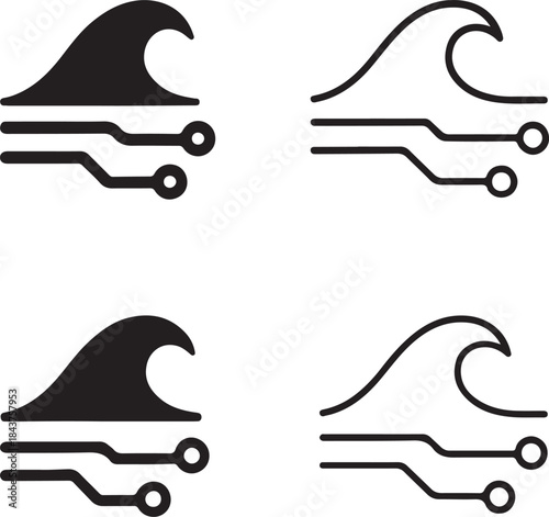 Isolated Softwave Crest Icon Set, Softwave Crest Circuit System Style Icon, Softwave Crest Digital Circuit Symbol Icon, Black Circuit Style Abstract Tech Icon, Minimal Circuit Paths Vector