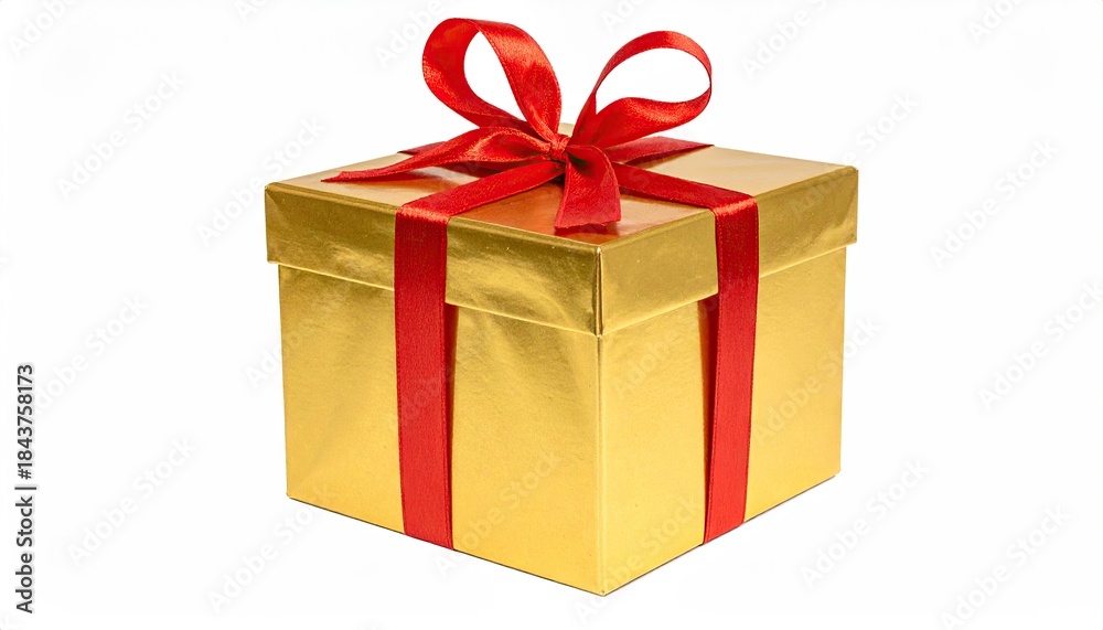 Fototapeta premium Elegant Golden Gift Box with Red Ribbon and Bow Isolated on White Background.