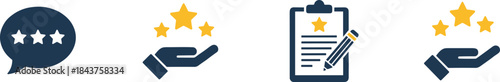 Customer feedback icons with stars, speech bubble, hand gesture, clipboard review, service rating, satisfaction, vector illustration