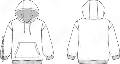 Hoodie, sweatshirt, fashion sketch, technical drawing, front view, back view, kangaroo pocket, drawstring hood, ribbed cuffs, ribbed hem, garment design, apparel illustration,  