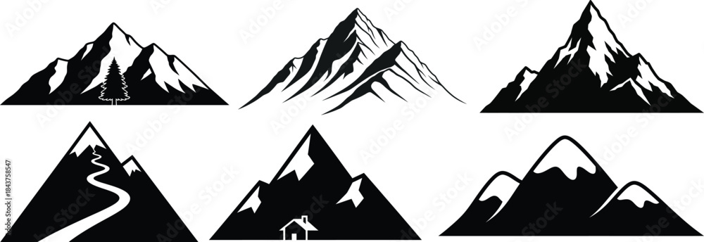 Fototapeta premium Collection of six black and white mountain silhouettes