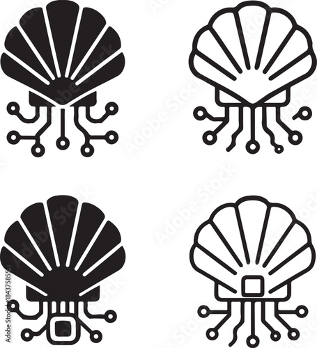 Isolated Glint Shell Icon Set, Glint Shell Circuit System Style Icon, Glint Shell Digital Circuit Symbol Icon, Black Circuit Style Abstract Tech Icon, Minimal Circuit Paths Vector