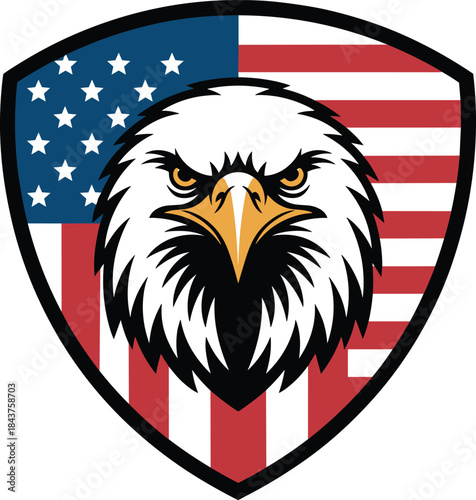 American Bald Eagle Shield Logo with USA Flag – Patriotic Military Emblem Illustration