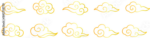 Golden Outline Handdrawn Asian Style Swirl Clouds Shape Icon Set