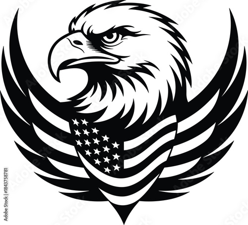 American Eagle Emblem with USA Flag Wings Black and White Vector Illustration