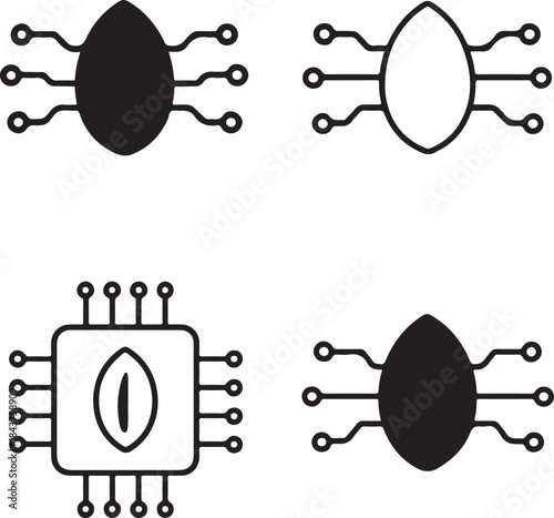 Isolated Nova Seed Icon Set, Nova Seed Circuit System Style Icon, Nova Seed Digital Circuit Symbol Icon, Black Circuit Style Abstract Tech Icon, Minimal Circuit Paths Vector