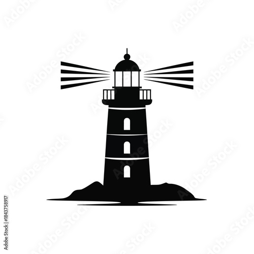 A simple black and white illustration of a classic lighthouse beacon