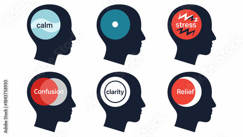 Psychological States Depicted as Icons Within Silhouetted Human Heads, Illustrating Mental Well-being and Emotions