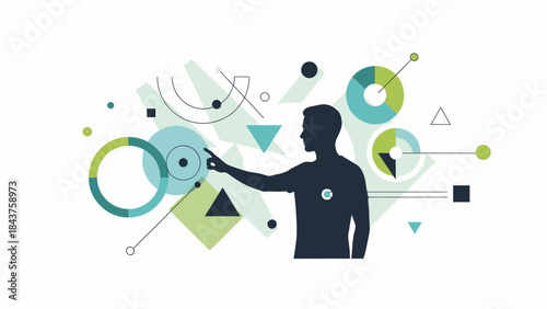 Man interacting with abstract data visualization and geometric shapes, symbolizing technology and innovation
