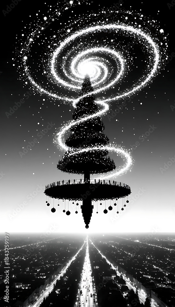 Obraz premium A surreal, layered black-and-white scene featuring a giant Christmas tree silhouette hovering over a city, surrounded by swirls of light trails and decorations. A high-contrast digital illustration.