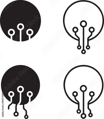 Isolated Orb Mist Icon Set, Orb Mist Circuit System Style Icon, Orb Mist Digital Circuit Symbol Icon, Black Circuit Style Abstract Tech Icon, Minimal Circuit Paths Vector