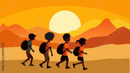 Children hiking at sunset landscape