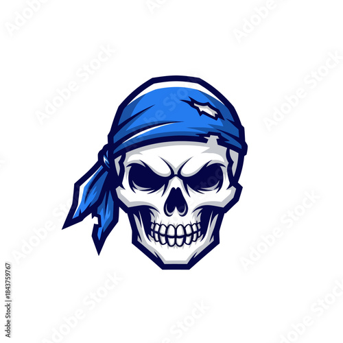 Bold blue pirate skull illustration with bandana and intense expression for