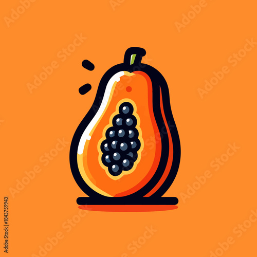 Vibrant illustration of a papaya cut open on orange background showing seeds
