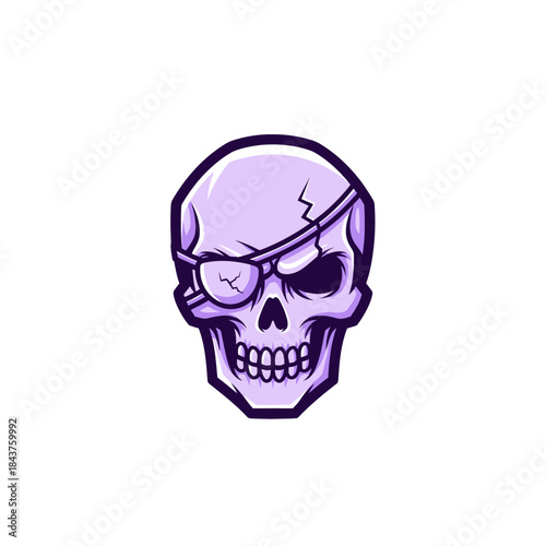 Stylized purple skull illustration featuring an eyepatch and subtle cracks for