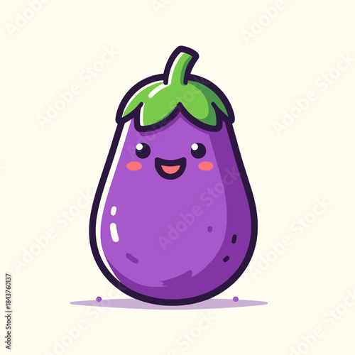 A cheerful purple eggplant with green leaves and a smiling face is depicted.