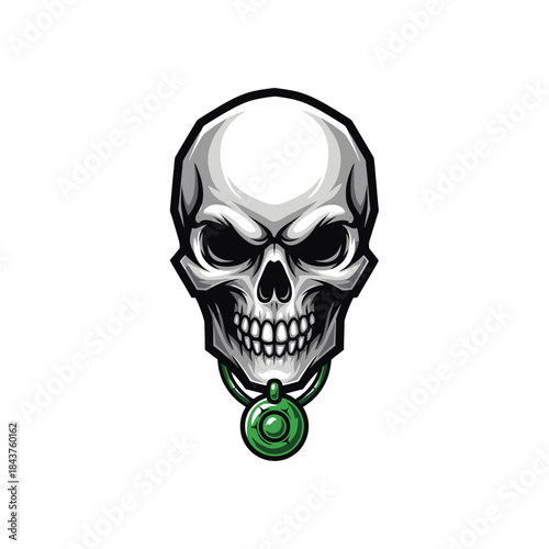 Stylized human skull ornament with emerald pendant emphasizing gothic