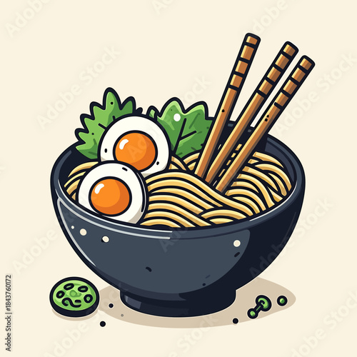 Illustration of a steaming bowl of noodles with eggs and chopsticks on a table