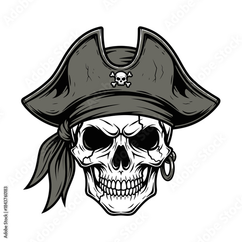 Menacing pirate skull with tattered bandana and naval hat embodying danger and