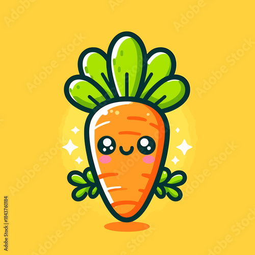 A cheerful cartoon carrot with green leaves and a smiling face is depicted.