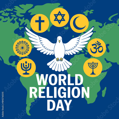 A white dove of peace unites various religious symbols on a world map for world religion day celebration.
