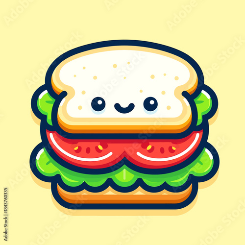 A cheerful sandwich with lettuce and tomato is smiling.