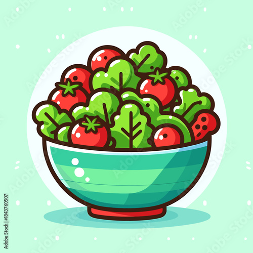 A vibrant cartoon bowl of fresh salad with tomatoes and leafy greens on a green background.