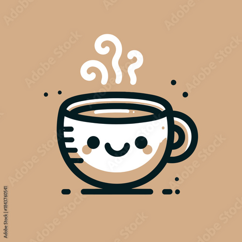 A cheerful cartoon coffee cup with a smile sits on a table indoors.