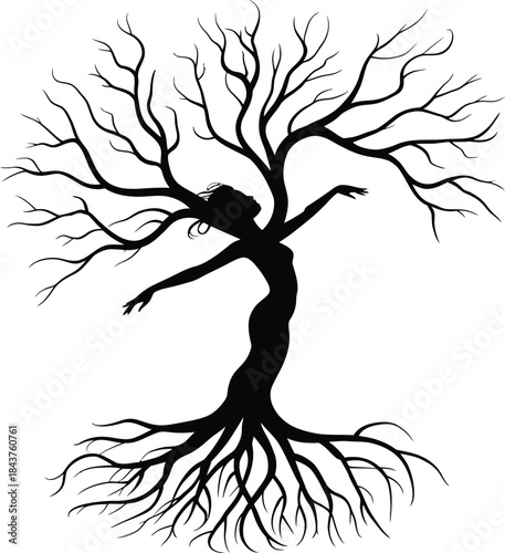 Black silhouette of a woman merging with a tree roots