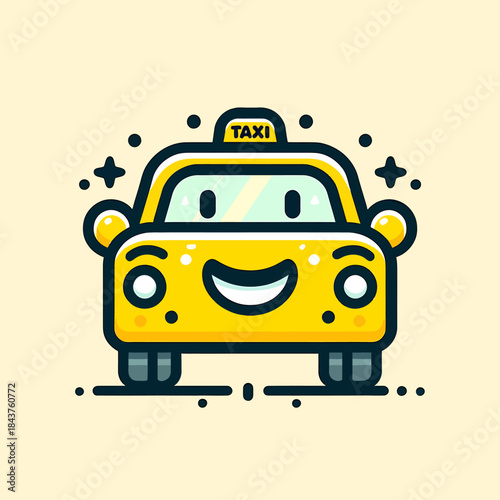 A cheerful cartoon taxi illustration with a smiley face on a pale background