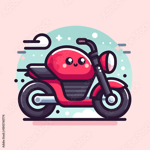 A cute cartoon motorcycle rides on a pink background with a smiling face.