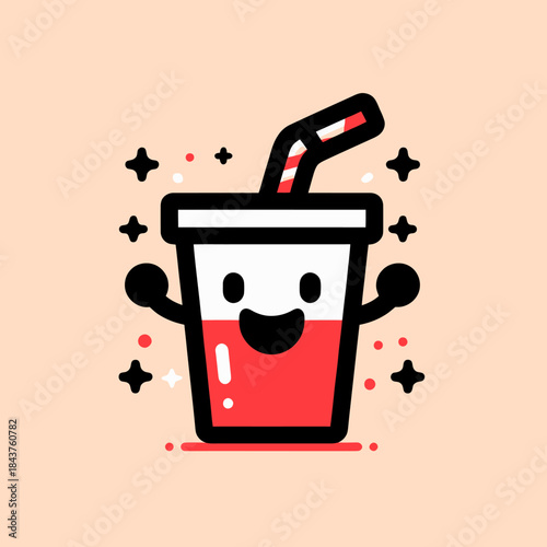 A cheerful cartoon soda cup with a straw smiles and dances on a colorful background.
