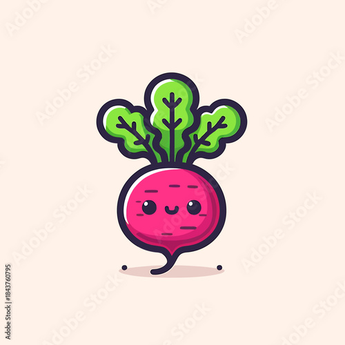 A cute cartoon beetroot with green leaves and a smiley face is standing alone.