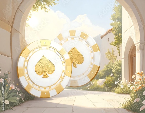 Two casino chips in a sunlit archway