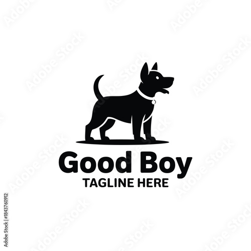 A stylized black silhouette of a dog with the text good boy