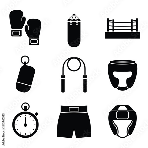 Boxing equipment set gloves punching bag ring and protective gear icons