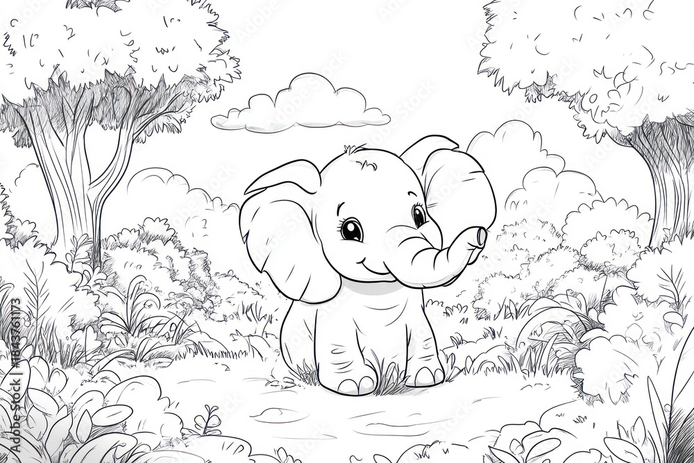 Fototapeta premium Cute baby elephant in a forest scene. A charming drawing of a small elephant sitting in a lush forest setting. Simple lines and details