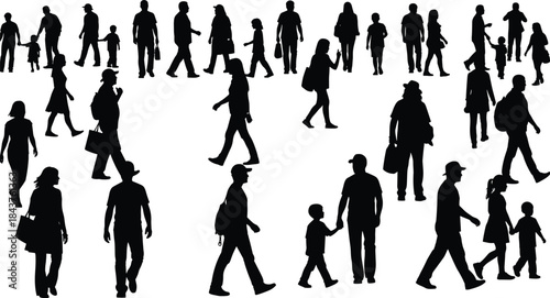 Walking people silhouettes, diverse poses, vector clipart, black and white, public scene, casual motion, interaction, street style, gesture