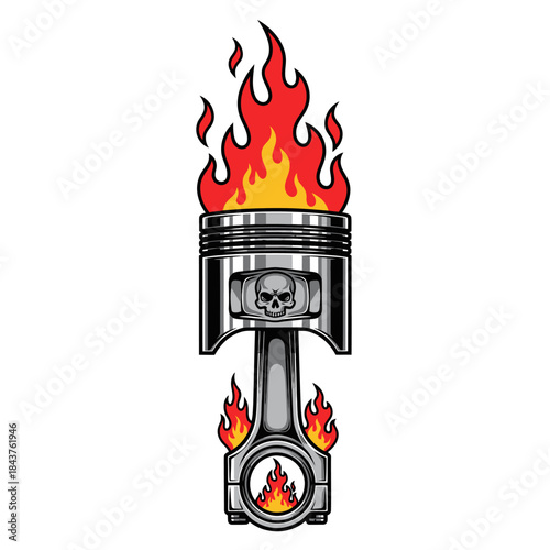 Stylized piston with fiery flames and skull motif symbolizing power and