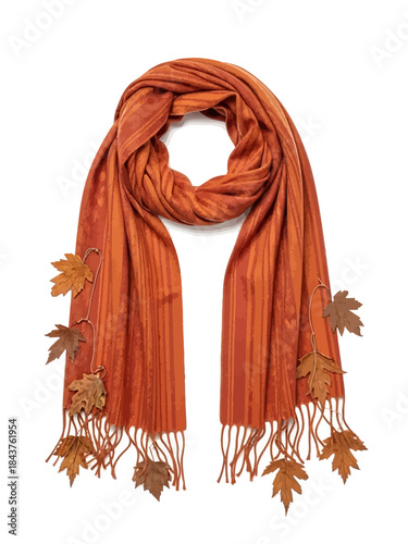 Elegant Autumn Orange Pashmina Scarf with Decorative Fall Leaves and Fringe