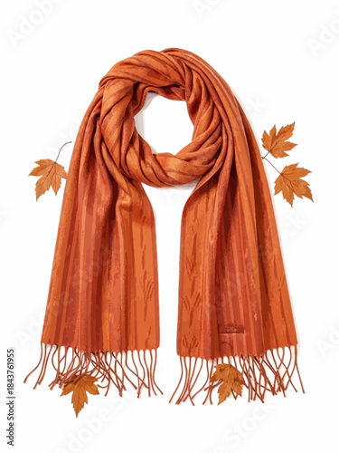 Elegant Autumn Orange Pashmina Scarf with Decorative Fall Leaves and Fringe