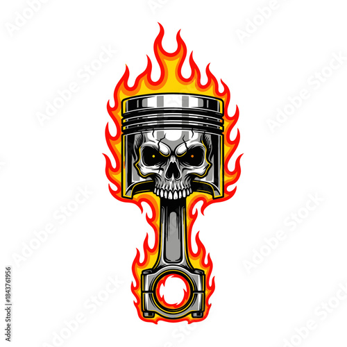 Dynamic illustration of a flaming skull piston representing automotive